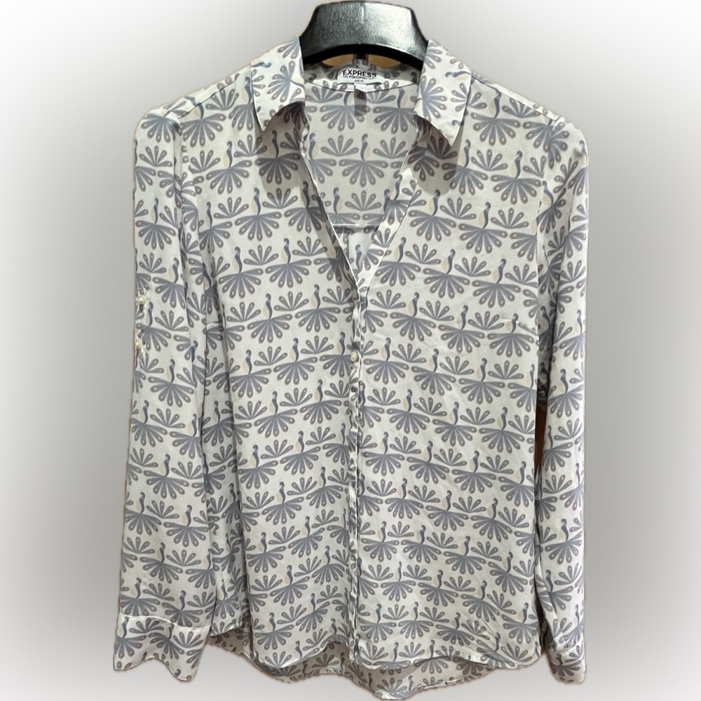 Express White Button-Down Shirt with Gray Floral Motif